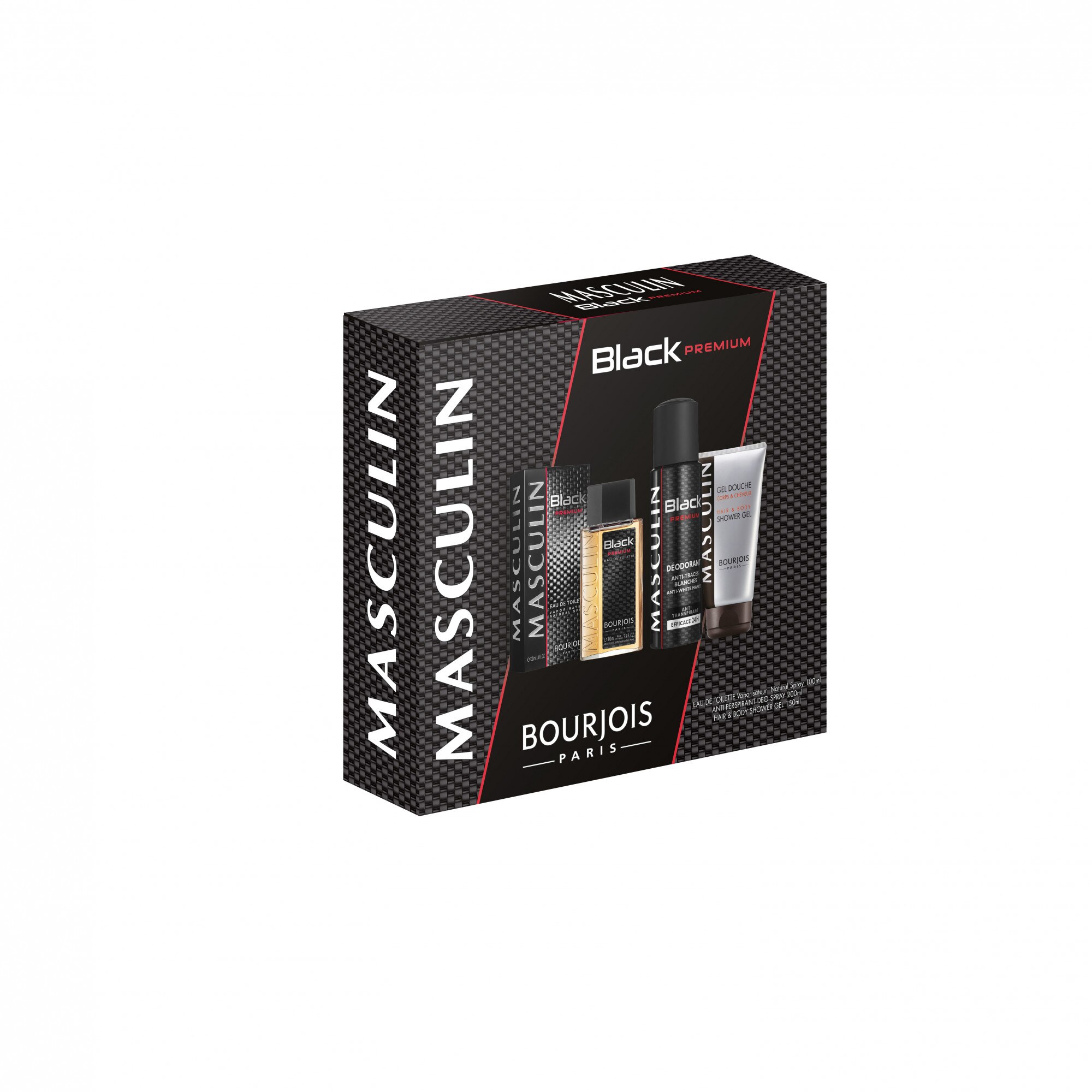 Set cadou Bourjois Black Premium, Barbati: Apa de Toaleta, 100 ml + Deodorant antiperspirant, 200 ml + Gel de dus, 150 ml