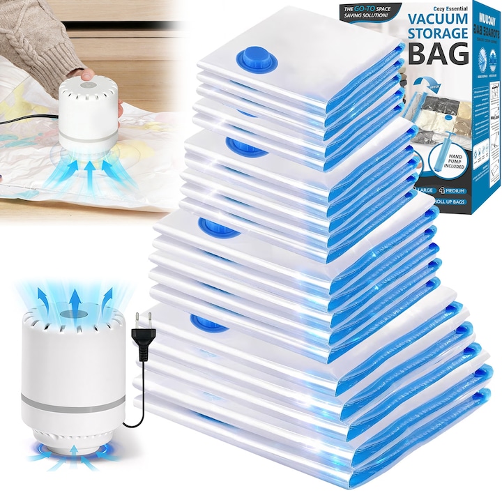 Set 20 saci de Vidat Haine Pentru Depozitare, BYONDSELF®, Cu pompa electrica, Cu supapa, 40x60/50x70/60x80/70x100cm, Sigilat in vid, usor de utilizat, transparent