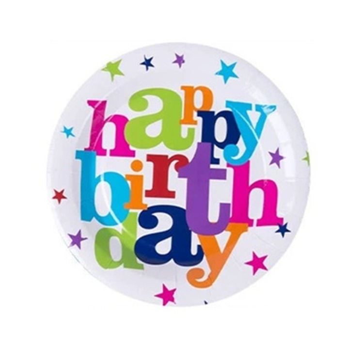 Комплект от 6 чинии за еднократна употреба, Cyrax, с принт „Честит рожден ден“, картон, диаметър 18 см, многоцветни