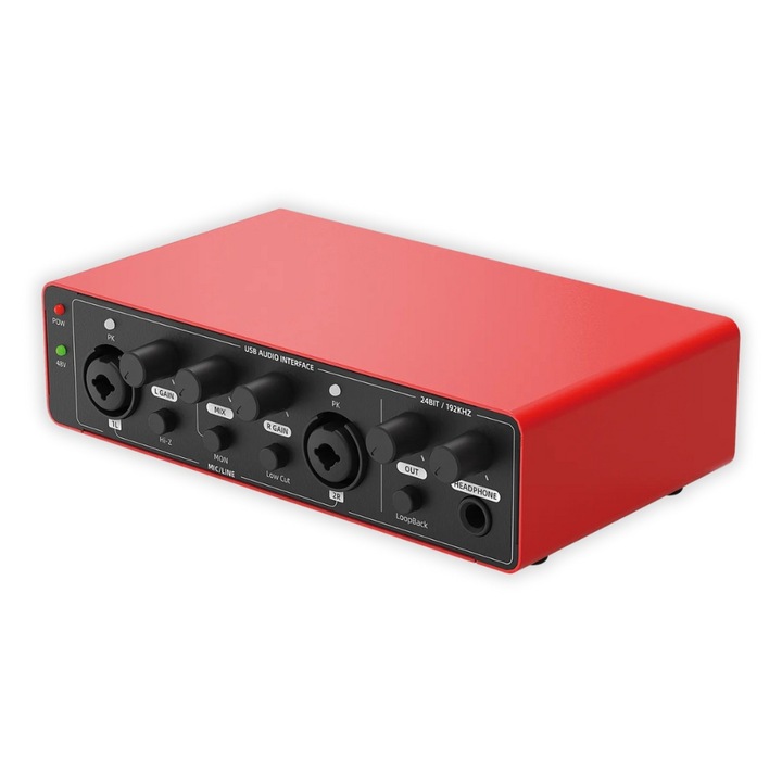 USB-C 3.0 2x2 Gen 3 CR audio interfész, GAS® - prémium mikrofon előerősítő, 48 V fantomtáp, 24 bit/192 kHz High Fidelity felvétel, XLR/MIC/LINE bemenetek, Plug & Play - illesztőprogram nélkül, Mac OS, Windows és okostelefon, fém ház, piros