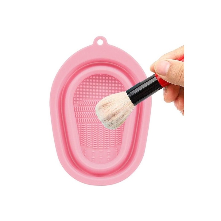 BrushCleaner Basin Doty® kézi sminkecset tisztító, szilikonból, 4 féle bordával, kád típusú, hordozható, összecsukható, 15x10, púderrózsaszín
