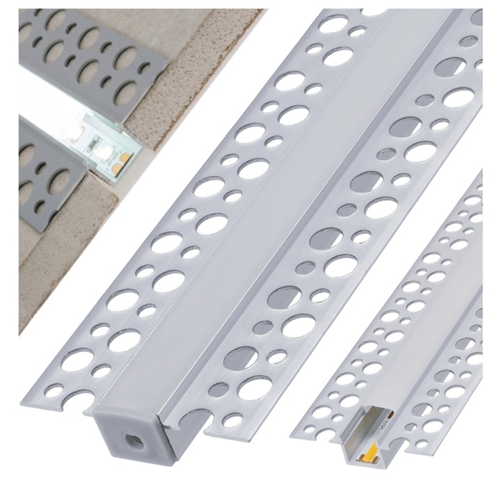 Set: Profil din aluminiu pentru placi GK de 12mm, argintiu anodizat, pentru benzi LED de 2m cu difuzor opal BERGE