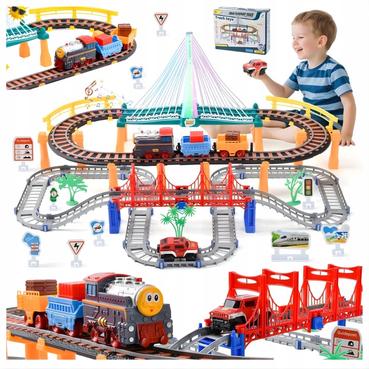 Set Tren de Jucarie pentru Copii, BYONDSELF®, 103 Pcs, 2 Straturi, Sunet/Lumini, Pista, cu Masini, Potrivit pentru Copii de Peste 3 Ani