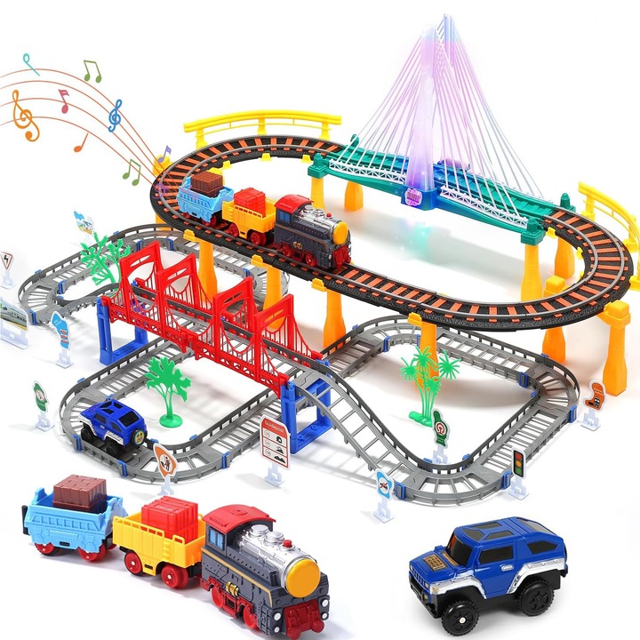 Set tren electric pentru copii, BYONDSELF, 103 piese, efecte sonore și luminoase, 2 straturi