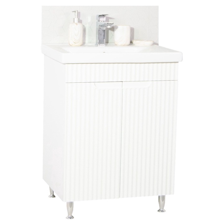 Set baza mobilier cu doua usi si lavoar ceramic+Oglinda cu Iluminare LED, BadenMob, Seria 733, 60cm, Alb
