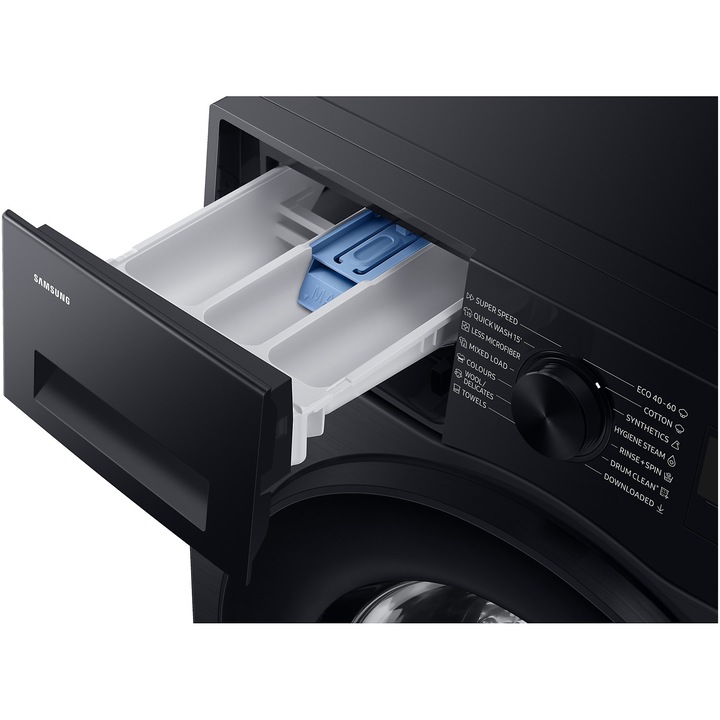 Masina de spalat rufe slim Samsung WW90DG5G34ABLE, 9 kg, 1400 rpm, Clasa A, AI Ecobubble, Super Speed 39, SpaceMax, Hygiene Steam, Smart Things, Digital Inverter Motor, Negru