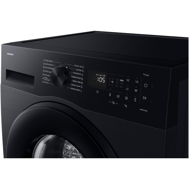 Masina de spalat rufe slim Samsung WW90DG5G34ABLE, 9 kg, 1400 rpm, Clasa A, AI Ecobubble, Super Speed 39, SpaceMax, Hygiene Steam, Smart Things, Digital Inverter Motor, Negru