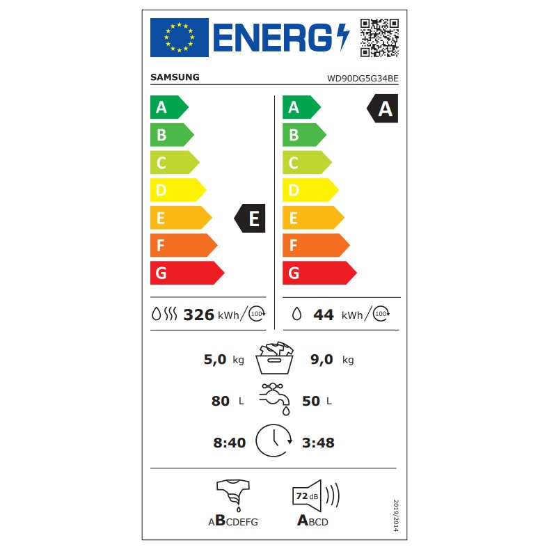 Masina de spalat rufe slim cu uscator Samsung WD90DG5G34BELE, Spalare 9 kg, Uscare 5 kg, 1400 rpm, Clasa A, AI Ecobubble, Super Speed 39, Space Max, Hygiene Steam, Digital Inverter Motor,Alb