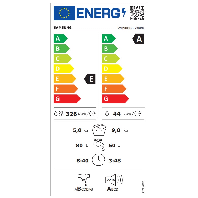 Masina de spalat rufe slim cu uscator Samsung WD90DG6G94BKU4, Spalare 9 kg, Uscare 5 kg, 1400 rpm, Clasa A, AI Control, AI Wash, Auto Dispense, Ai Ecobubble, Super Speed 39, Space Max, Smart Things WiFi, Digital Motor Inverter, Alb