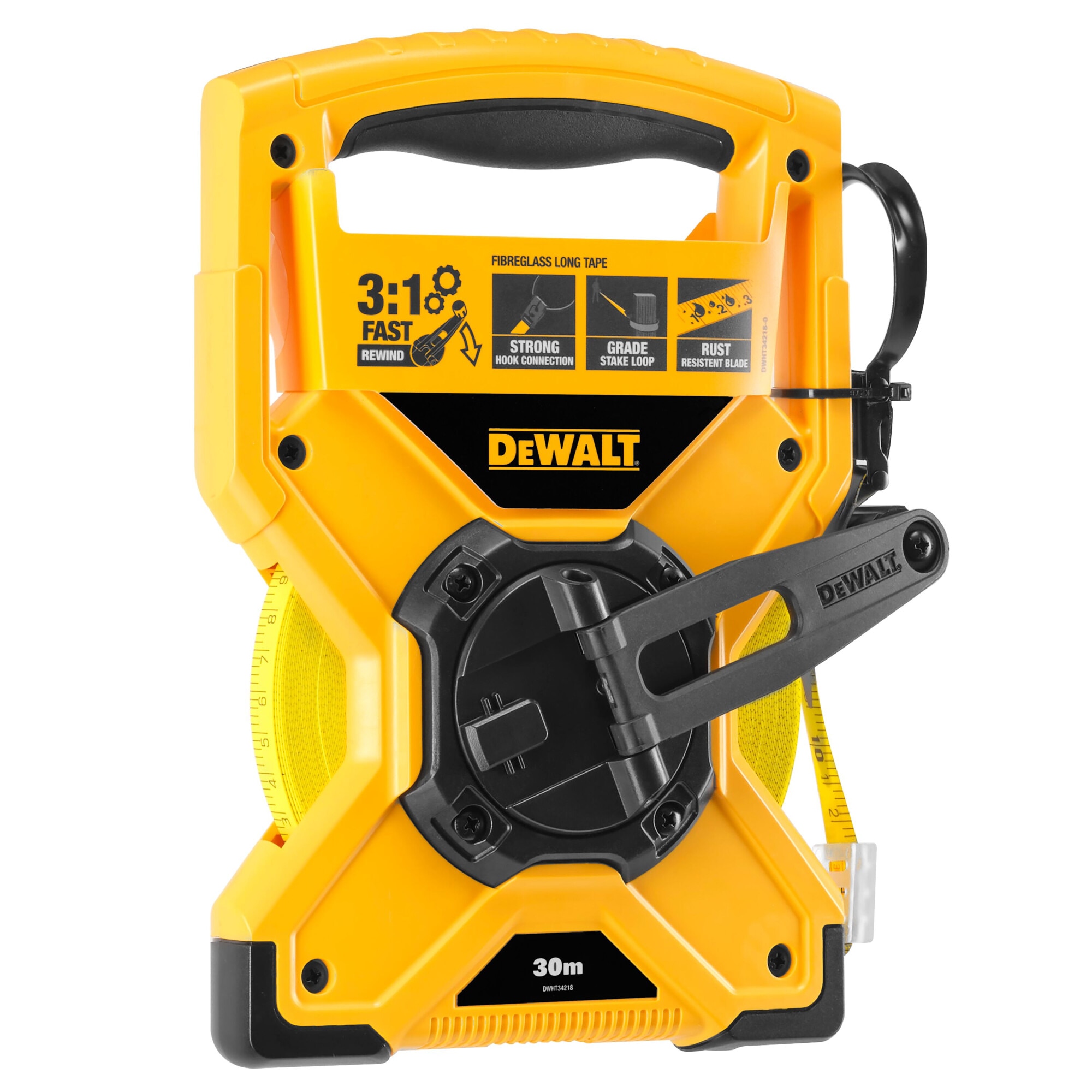 Ruleta cu banda lunga 30 m DeWALT DWHT34218-0 fibra de sticla, latime 12.5 mm, raport 3:1, manivela otel inoxidabil, carabiniera portabila, rezistenta si durabila