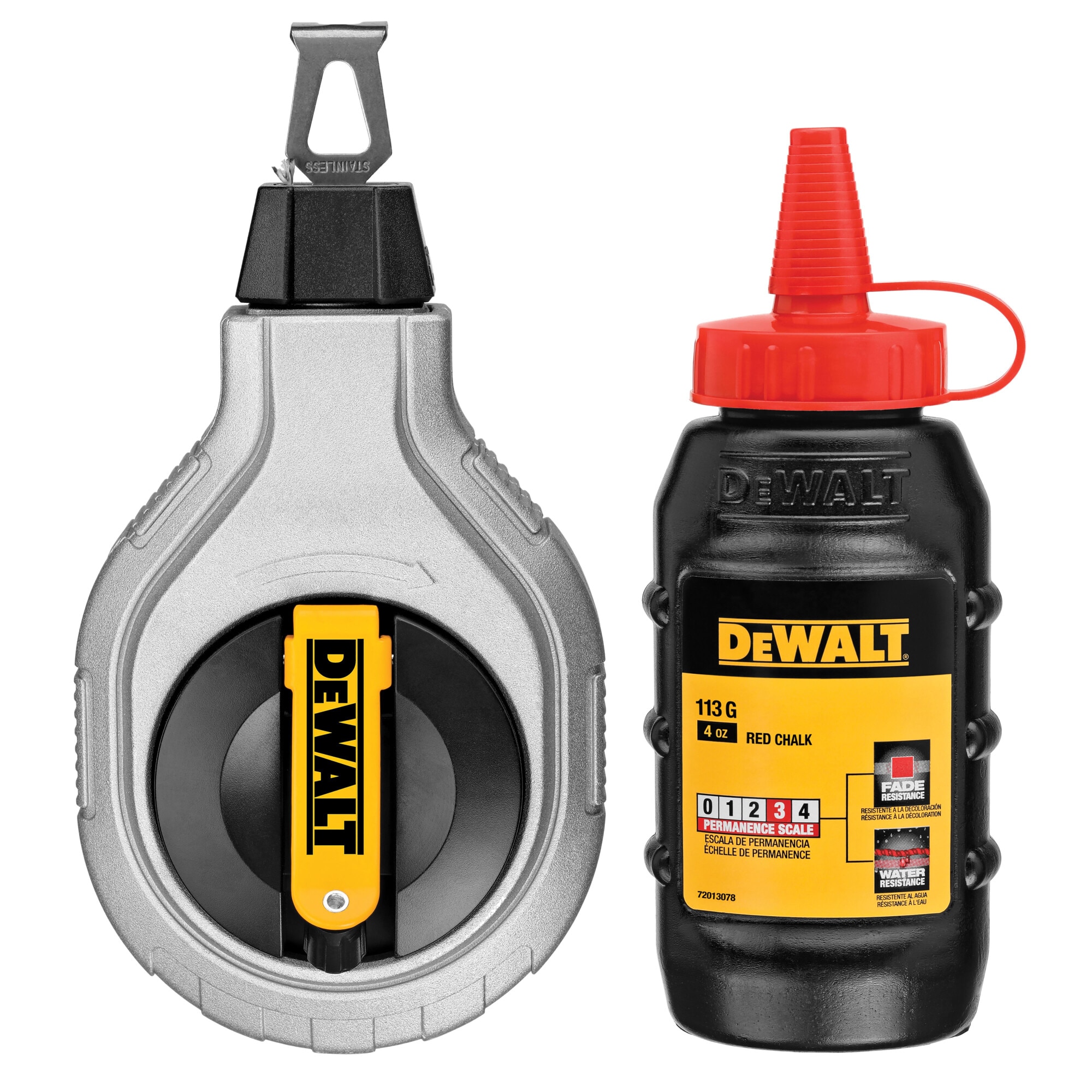 Set sfoara cu creta pentru trasare 30 m DeWALT DWHT47408-0, raport derulare 6:1, carcasa aluminiu turnat, maner anti-alunecare, capac mare pentru reumplere, sistem de angrenaj plan