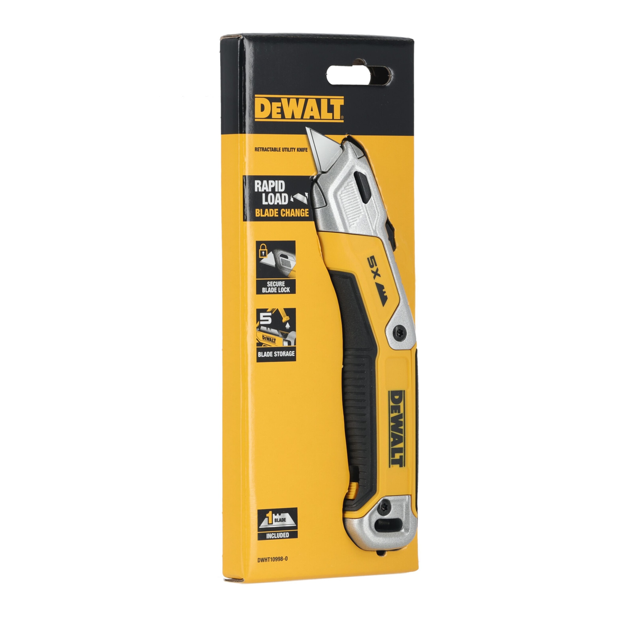 Cutit utilitar tip cutter retractabil DeWALT DWHT10998-0, corp aliaj turnat, schimbare rapida a lamei, rezervor depozitare 5 lame, maner bi-material cu prindere texturata, include