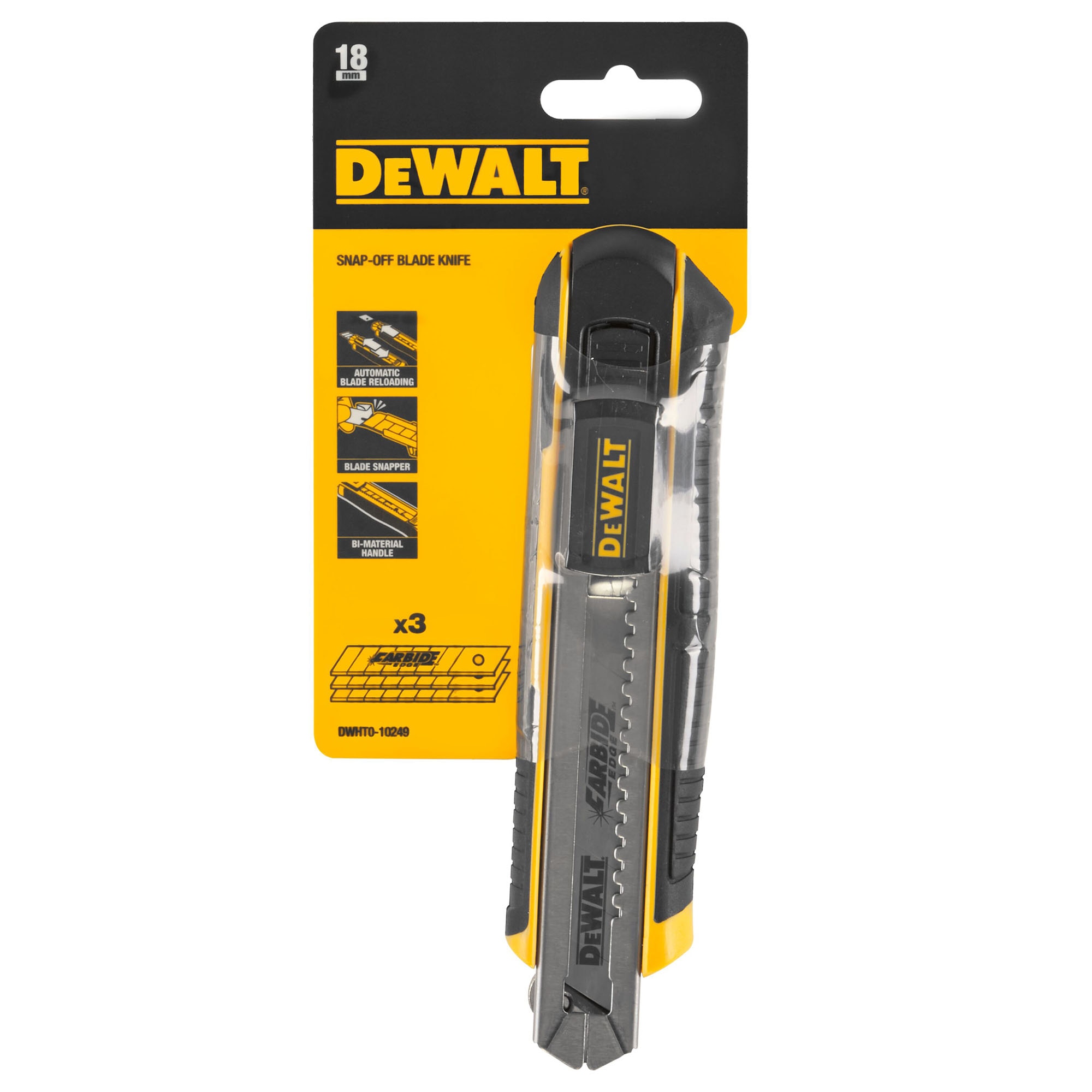 Cutter 18 mm cu slider auto-blocant DeWALT DWHT0-10249, reincarcare automata a lamei, depozitare pentru 6 lame, include 3 lame Carbide cu durata de viata de 10 ori mai lunga