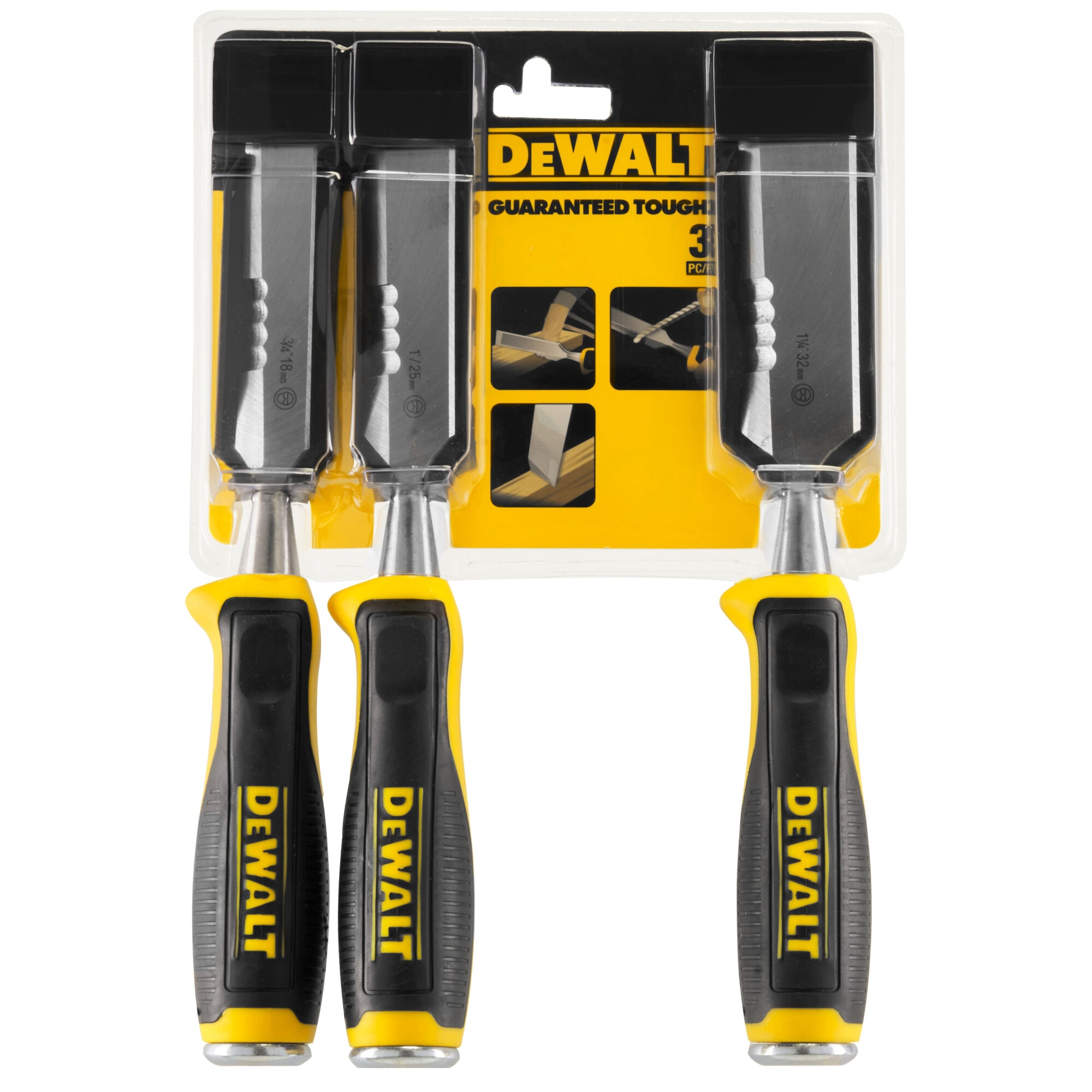 Set 3 dalti DeWALT DWHT0-16148, cap intarit si suprafata laterala marita, margine zimtata pentru demolare si razuire, lame din otel crom-carbon pentru durabilitate, maner curbat bi