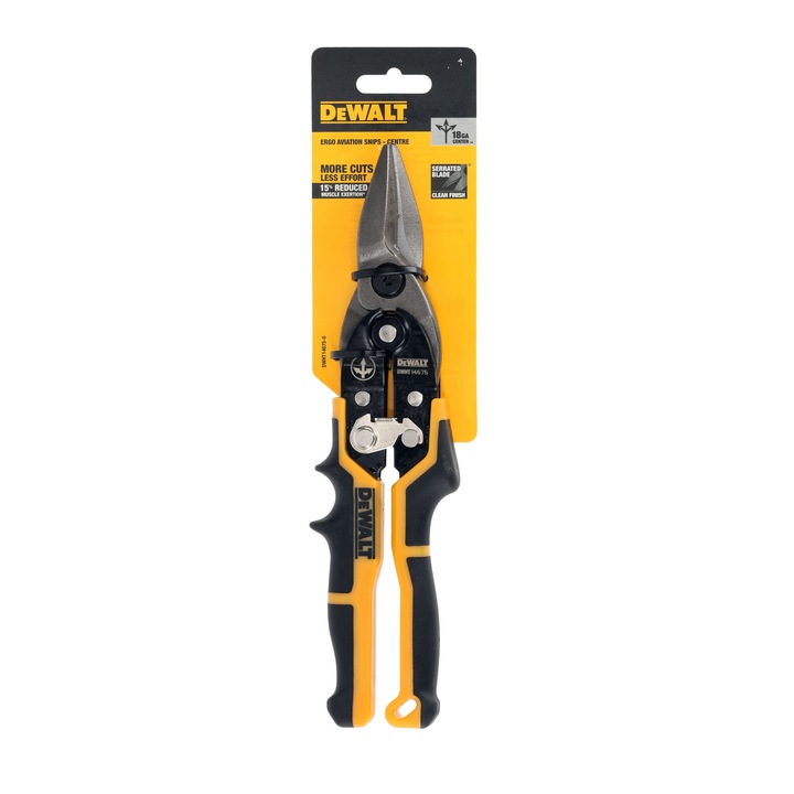 Foarfeca dreapta pentru tabla DeWALT DWHT14675-0, lama zimtata pentru taiere curata, maner ergonomic bi-material cu prindere anti-alunecare, efort redus cu 15%, ideala pentru aluminiu, vinil, carton si metal