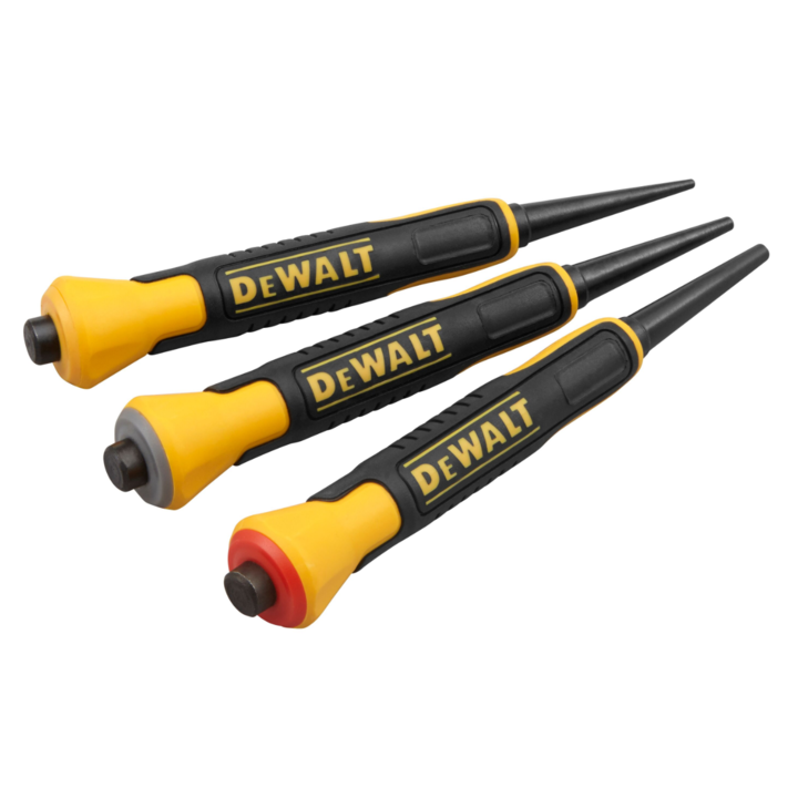 DeWALT DWHT0-58018 3 darabos véső készlet, kétkomponensű markolat, ütéselnyelés, kézvédelem, tömör acélmag, színkódolás a könnyű azonosítás érdekében, méretek: 0.8/1.5/2.4 mm