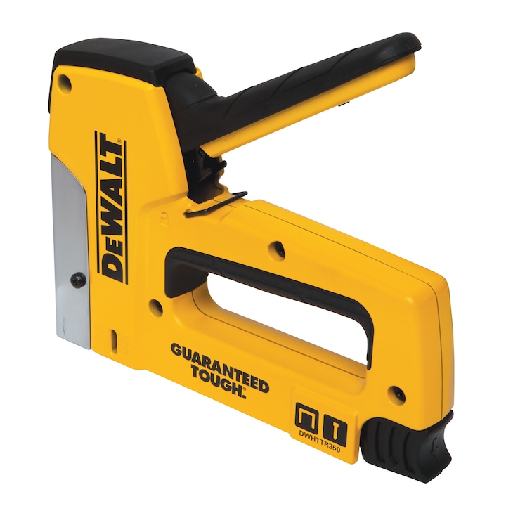 Capsator si pistol de cuie DeWALT DWHTTR350-0 Heavy Duty, tehnologie Easy Squeeze, carcasa din aluminiu turnat usor, mecanism AntiJam, compatibil cu capse 6-14 mm si cuie brad de 12/15 mm