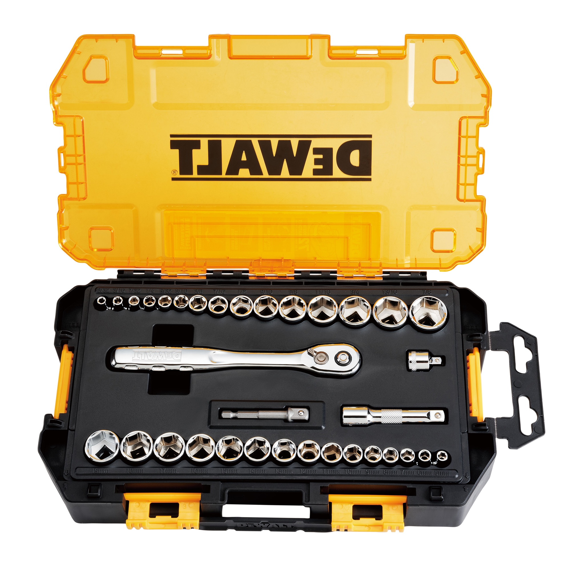 Set tubulare 1/4 si 3/8 inch cu 34 piese DeWALT DWMT45034-0, tava detasabila compatibila cu dulapuri standard, balamale pentru interconectare cu seturi DeWALT, clichet 72 dinti pen
