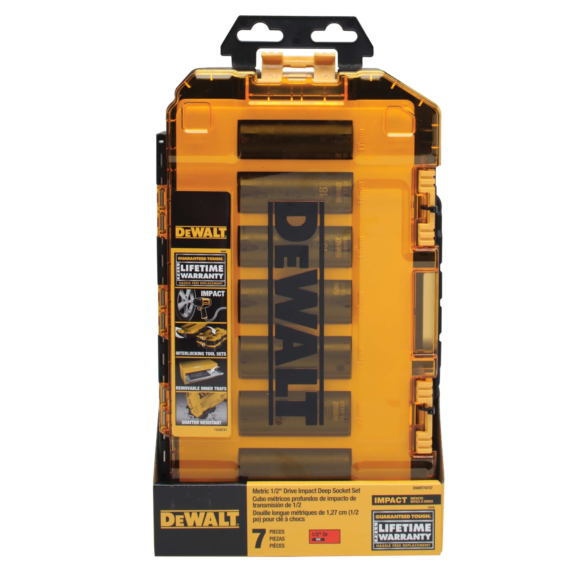 Set 7 tubulare impact metric 1/2 inch DeWALT DWMT74737-0, fabricat din otel CR-440 tratat termic, cu tehnologie DirectTorque pentru contact optim, acoperire cu oxid negru, compatib