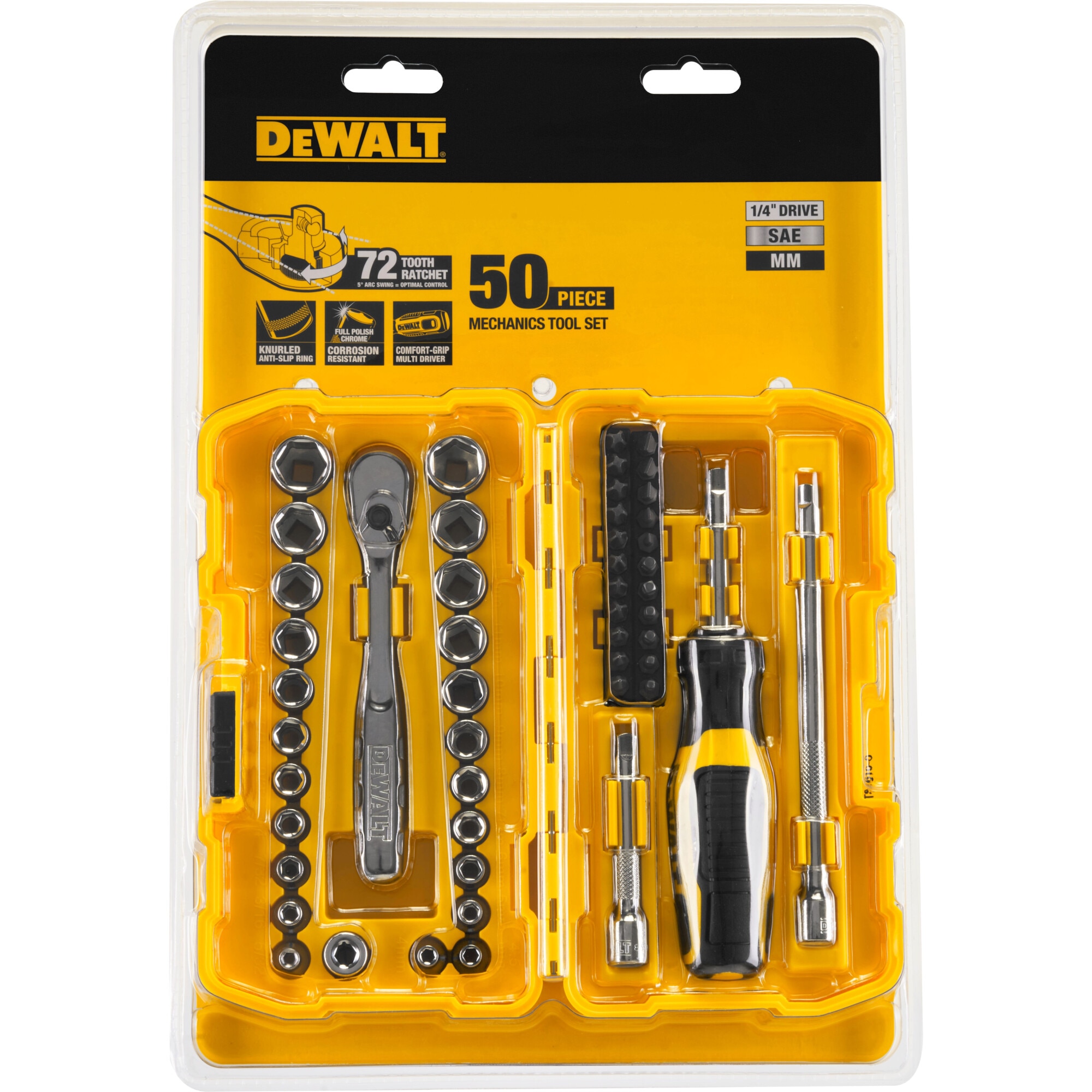 Set scule mecanice 1/4 inch 50 piese DeWALT DWMT81610-0, clichet cu 72 de dinti pentru unghi de 5 grade in spatii inguste, tehnologie DirectTorque pentru prevenirea rotunjirii suru