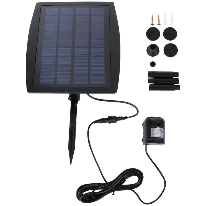 Pompa de apa solara, 2.5W, 200L/h, inaltime maxima 60cm, multicolor, 20x18x3cm