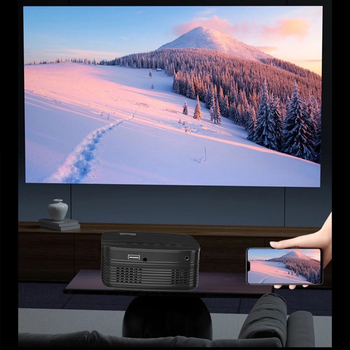 Videoproiector portabil LED mini HD, 100 inch, suport 1080p, negru