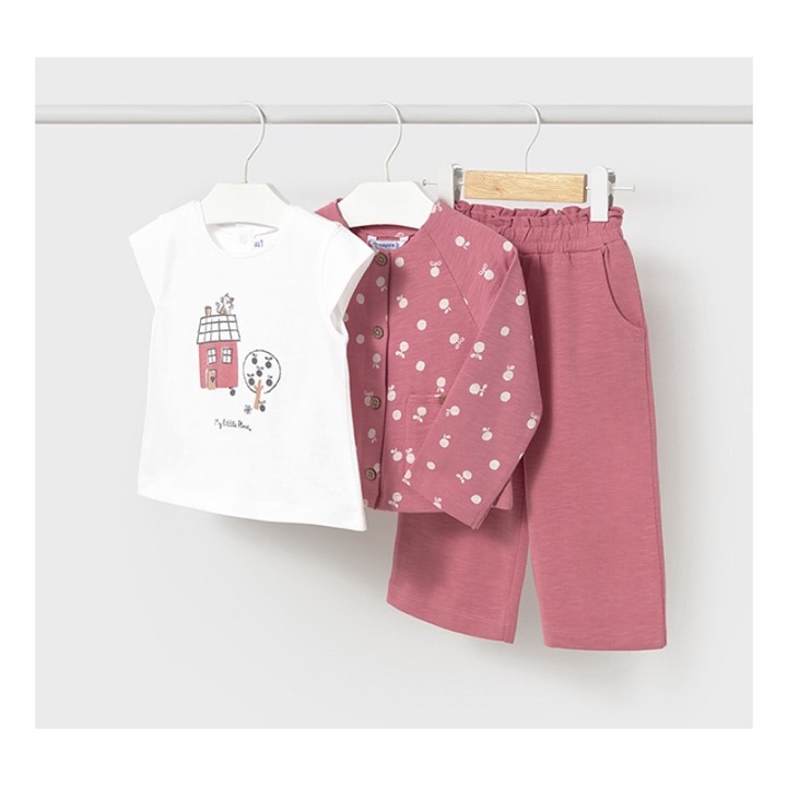 Mayoral Set 3 piese cu jacheta imprimata bebe, Roz somon, 104 cm