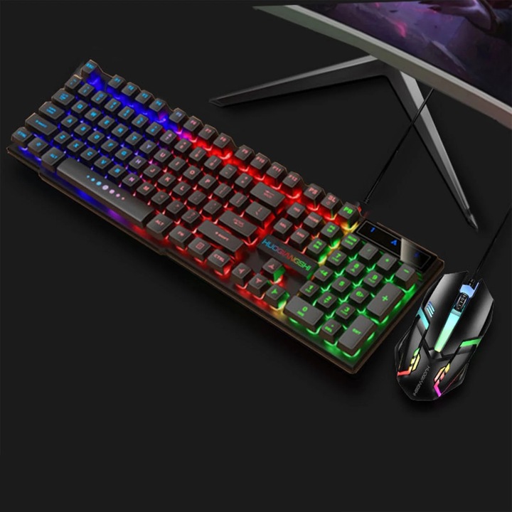 Billentyűzet és egér szett háttérvilágítással, 104 billentyű, fekete, 43,8x12,5x3 cm