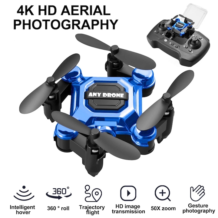 Drona Mini Plus cu camera 4K, neagra, dimensiuni 6.3x6.3x3cm, pentru incepatori, set complet