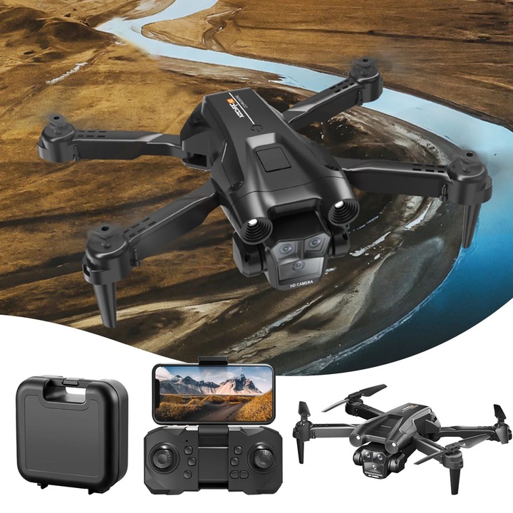 FPV drón 1080P kamerával, 2.4G WIFI, headless mód, fekete, méretek 25x20x5.5cm, komplett szett