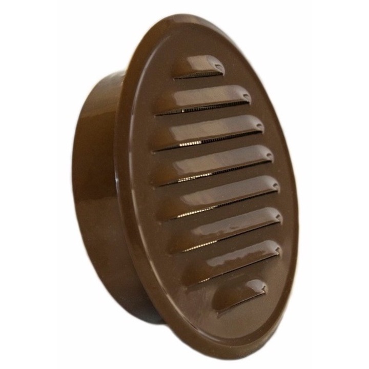 Grila de ventilatie, Metal, Rotunda cu racord fi 100 mm, Maro, Diametru exterior 130 mm, Lungime racord 30 mm, Cu plasa de protectie, Destinata pentru incaperi domestice si publice