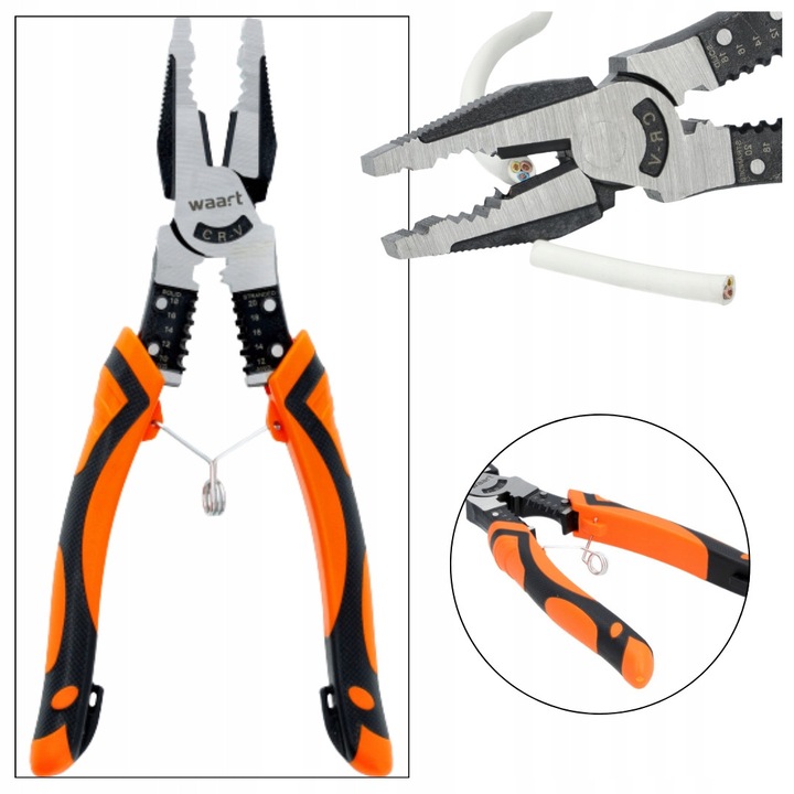 Cleste universal, WAART, 215 mm, Otel crom-vanadiu, Negru, portocaliu, Pentru taierea sarmei dure, Pentru taierea sarmei moi, Strangerea cablurilor 0.75-6 mm2
