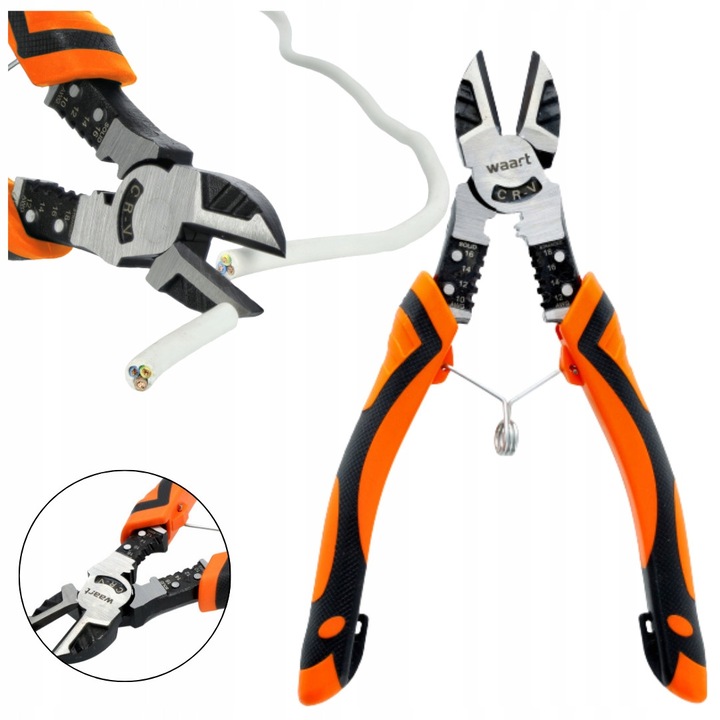Clesti laterali, Multifunctionali, 195 mm, Negru | portocaliu, Otel cromat-vanadiu, Taiere sarma dura 1, 8 mm, Manere ergonomice, Lucrari electrice, Mecanice si instalatii