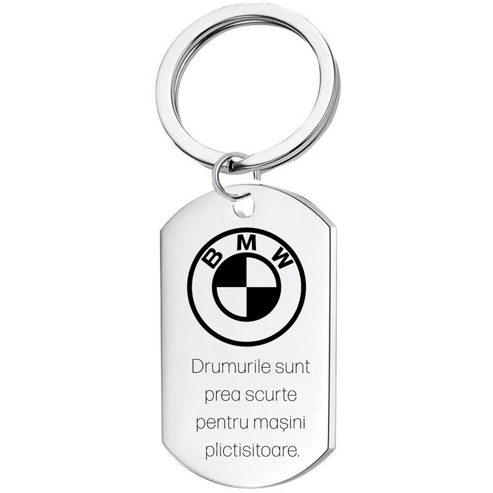 Set Cadou Pentru Proprietari BMW, JOYSTOS, Otel Inoxidabil, 50x30mm, Breloc metalic BMW - Drumurile sunt prea scurte pentru masini plictisitoare