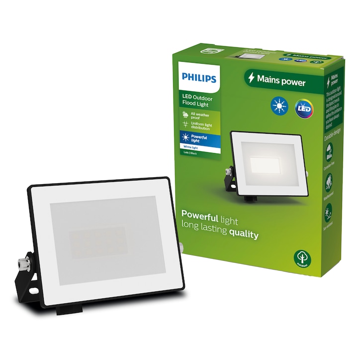 Proiector LED pentru exterior Philips Lois, 10W, 950 lm, temperatura lumina calda (3000K), IP65, Aluminiu, Negru, Clasa energetica F