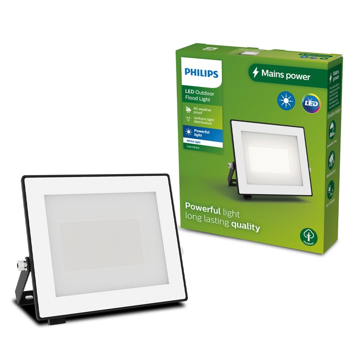 Proiector LED pentru exterior Philips Lois, 30W, 3200 lm, temperatura lumina calda (3000K), IP44, Aluminiu, Negru, Clasa energetica F
