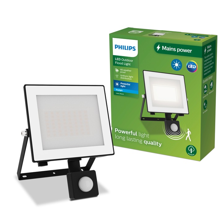 Proiector LED pentru exterior Philips Lois, cu senzor de miscare/lumina, 30W, 3200 lm, temperatura lumina rece (5000K), IP44, Aluminiu, Negru, Clasa energetica F