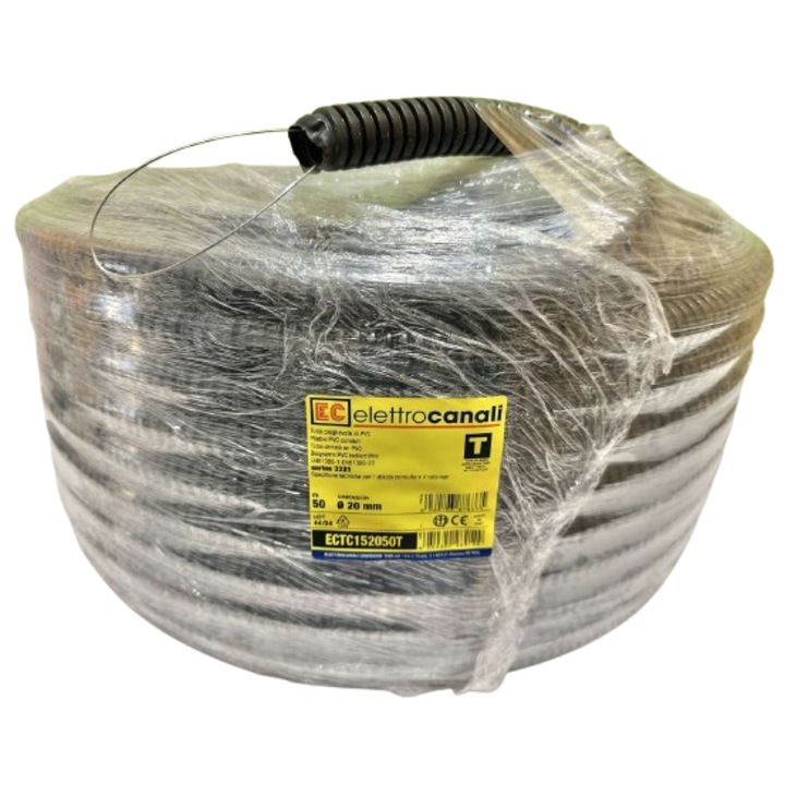 Tub Copex din PVC, Cu Sonda (pentru tragerea cablului), Ignifug, Diametru Ø20mm, Lungime 50m, Rezistenta Compresie 750N, Negru, Elettrocanali Italia