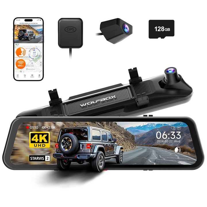 Camera auto tip oglinda fata-spate Wolfbox G900 PRO 4K, WiFi Night Vision, 170°, ecran tactil 12”, GPS, G-Senzor, monitorizare parcare, Card 128GB inclus