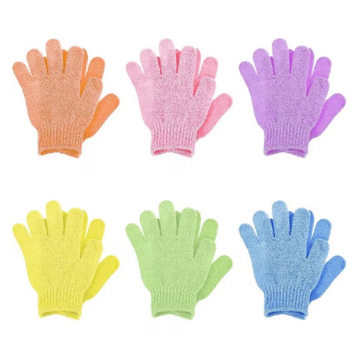 Set 6 perechi manusi exfoliere pentru corp, multicolor, din poliester, pentru toate tipurile de piele, Icon Beauty