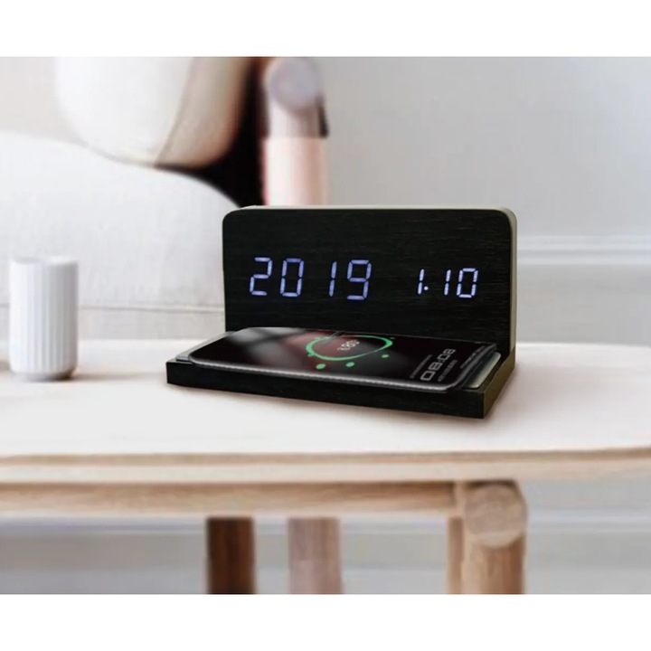 Ceas desteptator electronic MaxiBuy®, lumina de noapte, incarcare wireless, control si setare luminozitate, portabil, 15W