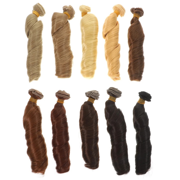 Set 10 bucati peruci pentru papusi, par cret, material din fibra de inalta temperatura, culori asortate, 100x15cm