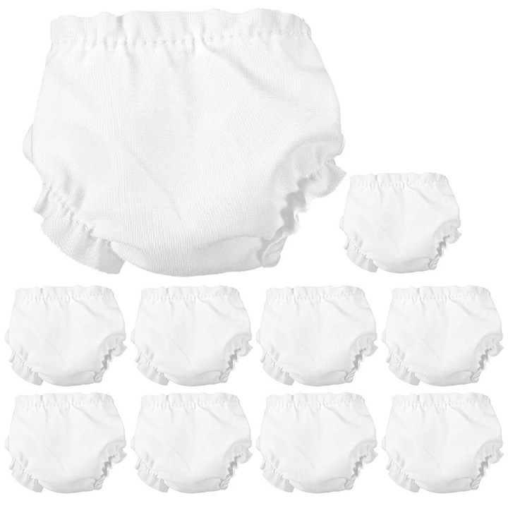 Set 10 bucati chiloti mini pentru papusi, alb, 7x7cm