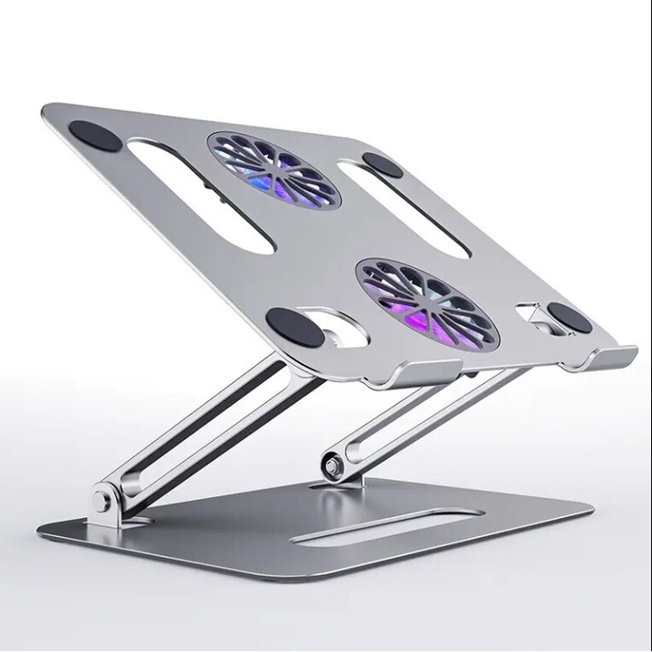 Suport pentru Laptop cooler, Ergonomic, Portabil, Pliabil, Sistem dublu de ventilatie, Iluminat LED, Compatibil 10-17.3 Inch, Argintiu