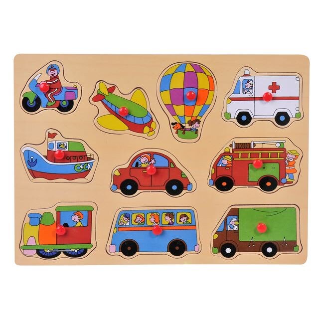 Puzzle incastru lemn, 10 piese, vehicule, 3 ani+