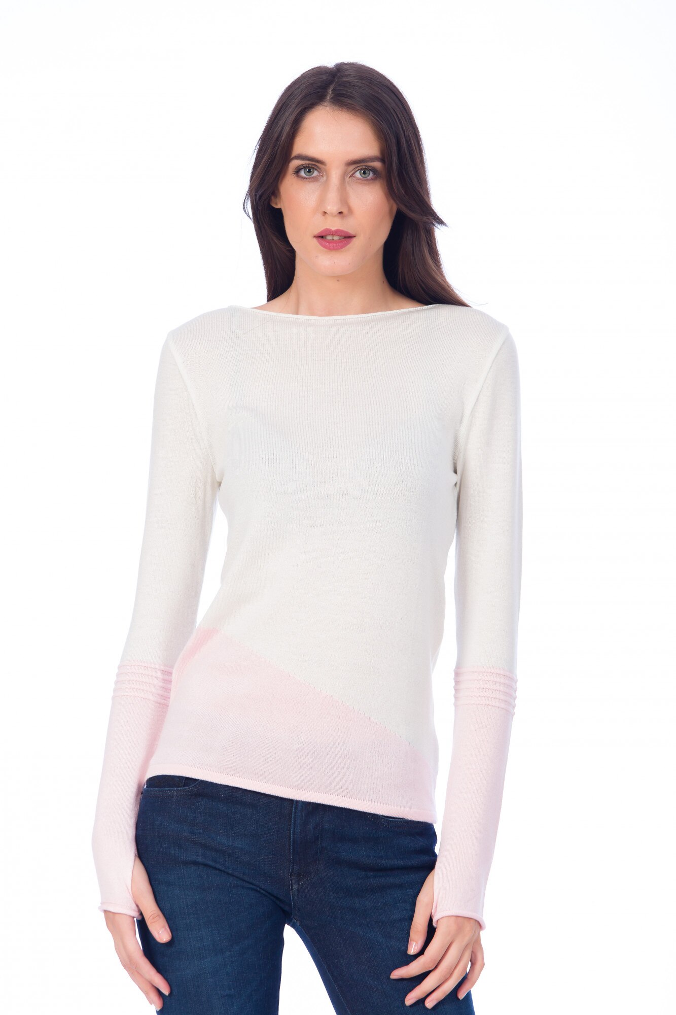 Pulover de dama BE YOU, cu deget, Alb/Roz