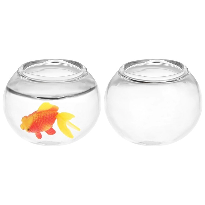 Set 2 Piese Acvariu Miniatural Transparent din Sticla 2.60x2.60x2.00cm