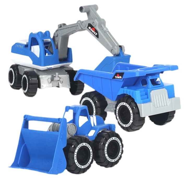 Set 3 jucarii de simulare vehicule de inginerie, excavator si camion de nisip, plastic, albastru, 18x10.5x11cm