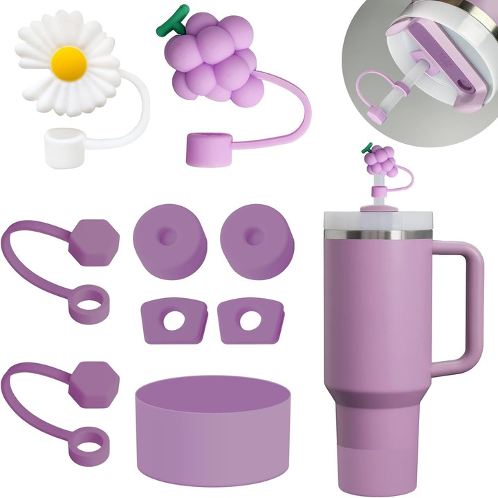 Комплект аксесоари за чаши за вода, подходящи за Stanley, 9 части, капачки със сламка, силиконови, за многократна употреба, OUYLAF, лилави
