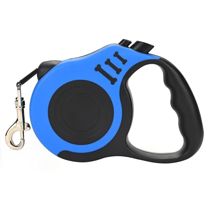 Lesa Retractabila pentru Caini, Lungime 3M, Curea plata, Buton blocare, Albastru